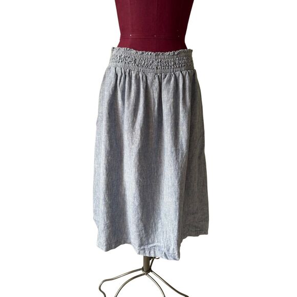 Garnet Hill Pull On Midi Linen Skirt size XL Blue Smocked Waist Side Pockets - Picture 2 of 9